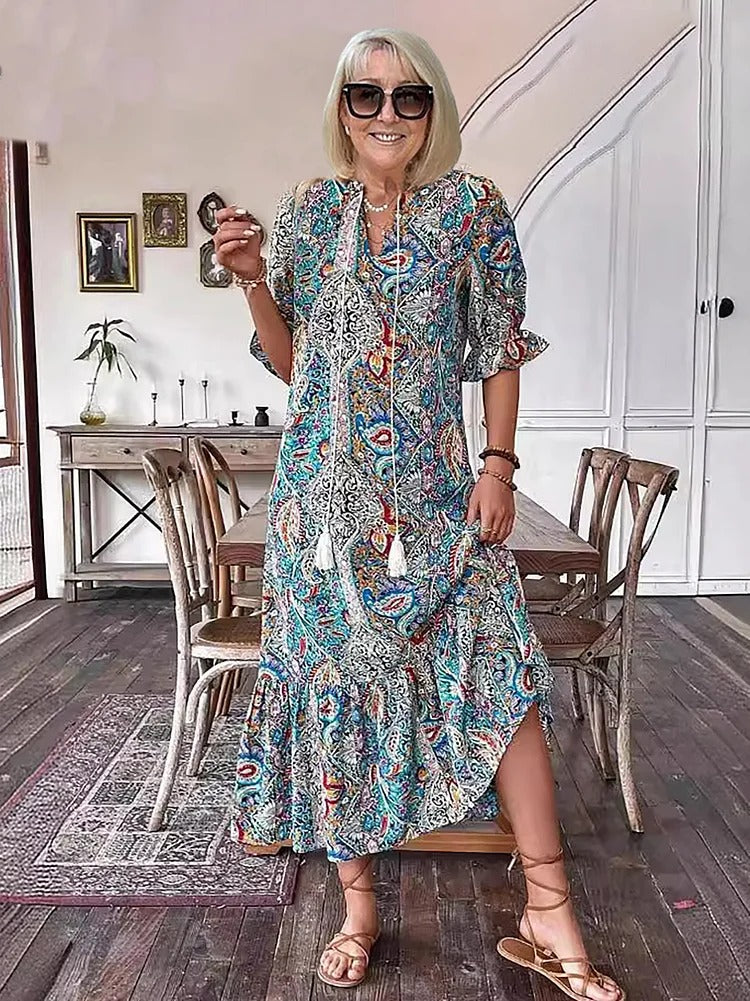 Amber - Boho Paisley Tassel Tie Dress