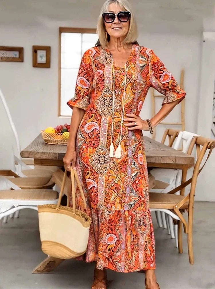 Amber - Boho Paisley Tassel Tie Dress