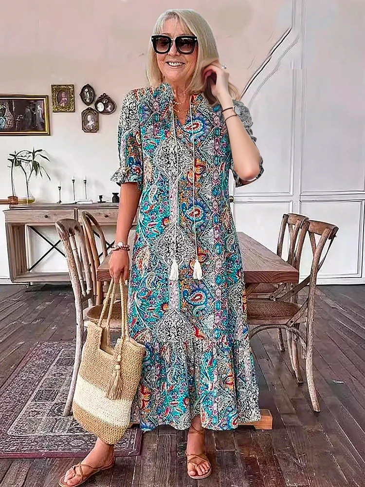Amber - Boho Paisley Tassel Tie Dress