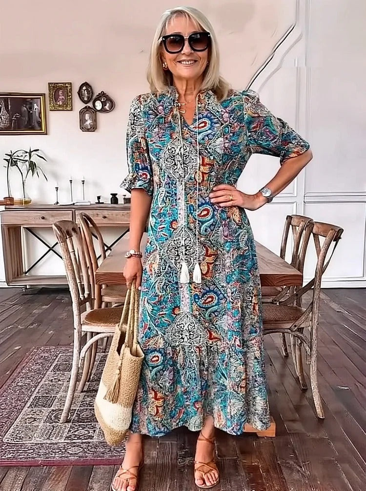 Amber - Boho Paisley Tassel Tie Dress