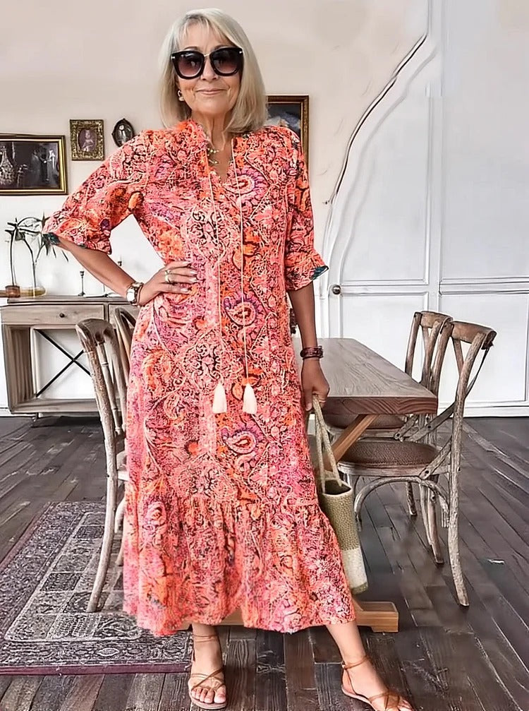 Amber - Boho Paisley Tassel Tie Dress