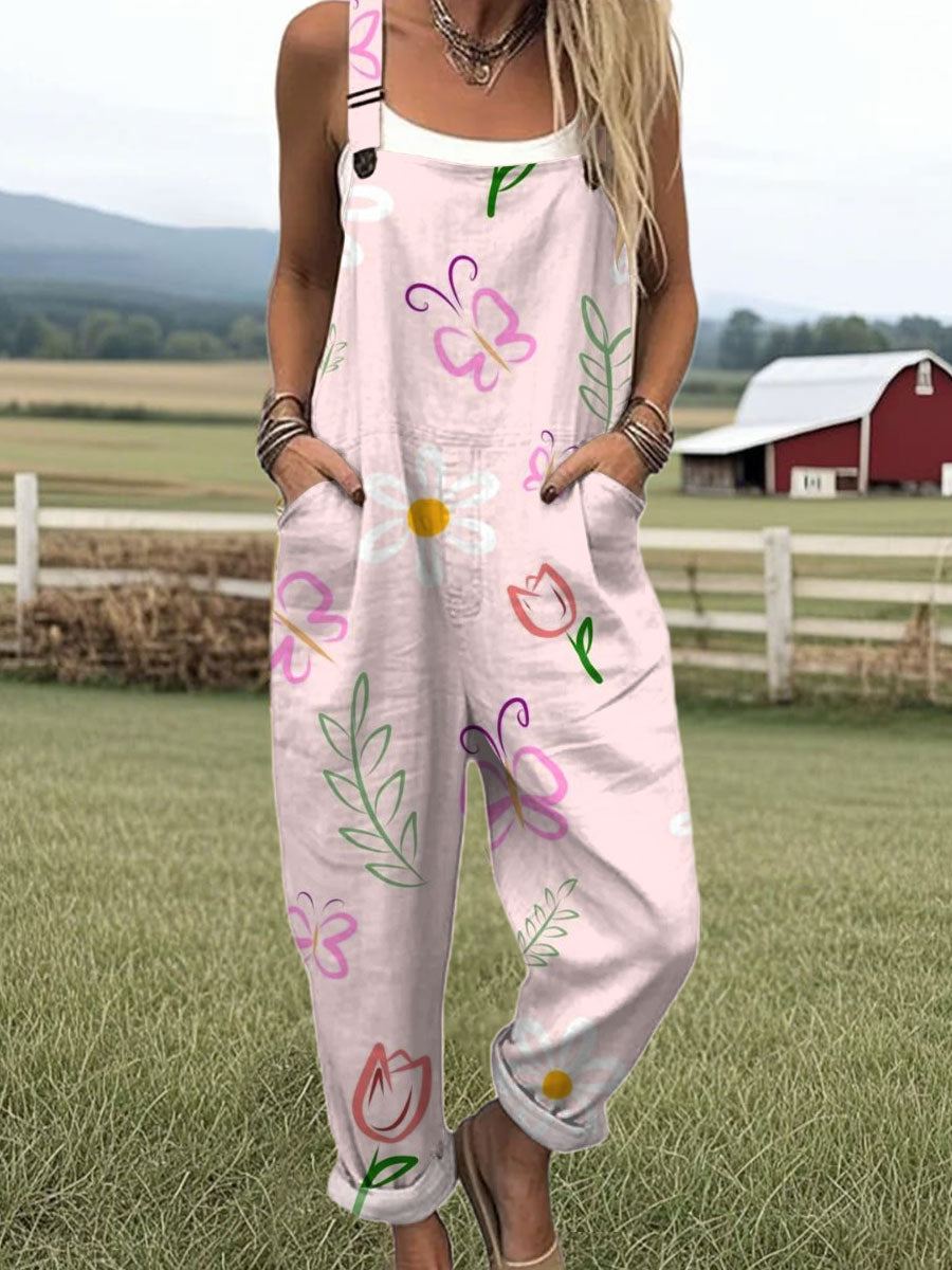 Wrena - Vintage Flower Art Print Casual 100% Cotton Wide Leg Jumpsuit