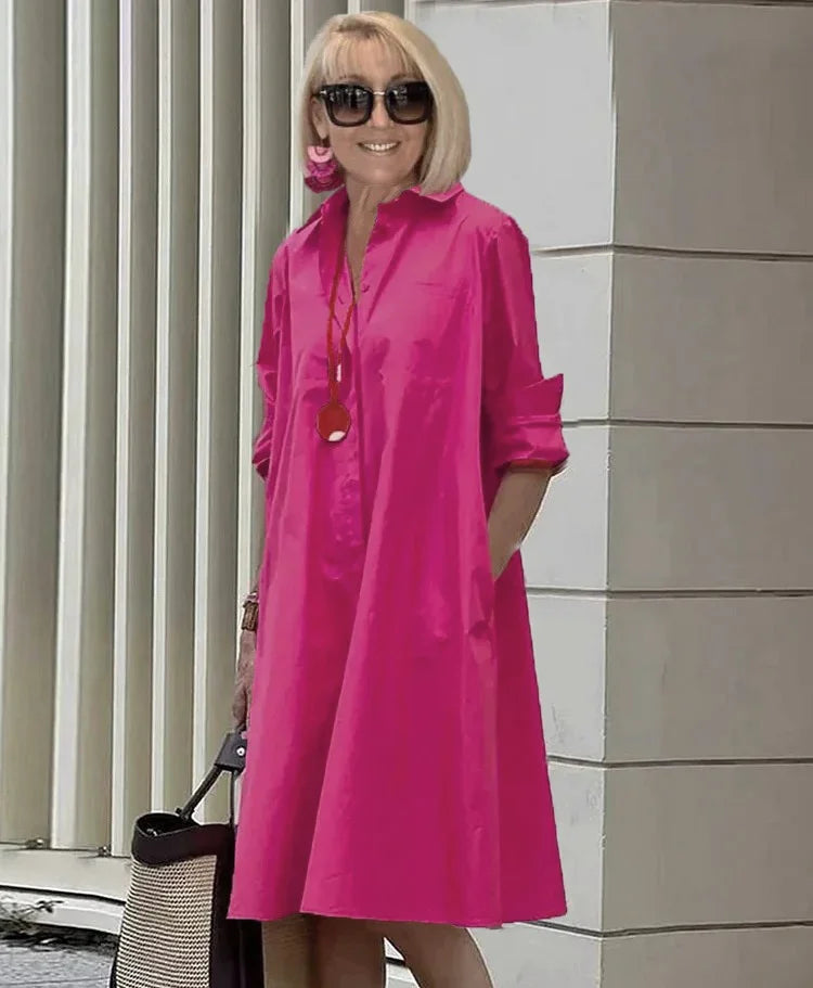 Vireya - Shirt Collar Pocket Midi Dress