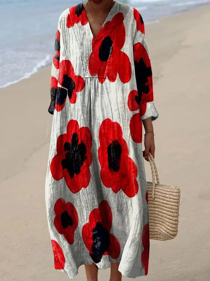 Alba | Long Dress with Red Flowers Style