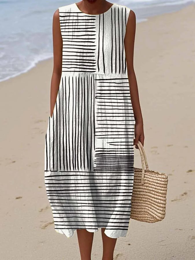 Joan - Vintage Abstract Geometric Art Print Sleeveless Cotton Pocket Wrap Dress