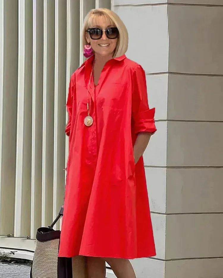 Vireya - Shirt Collar Pocket Midi Dress