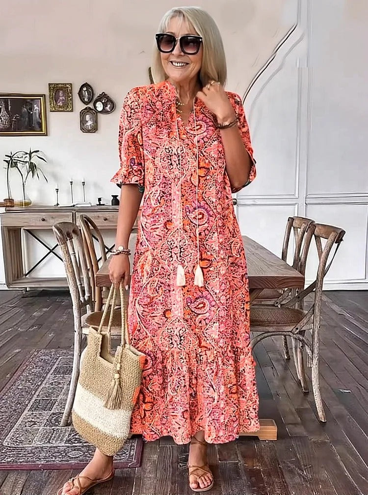 Amber - Boho Paisley Tassel Tie Dress