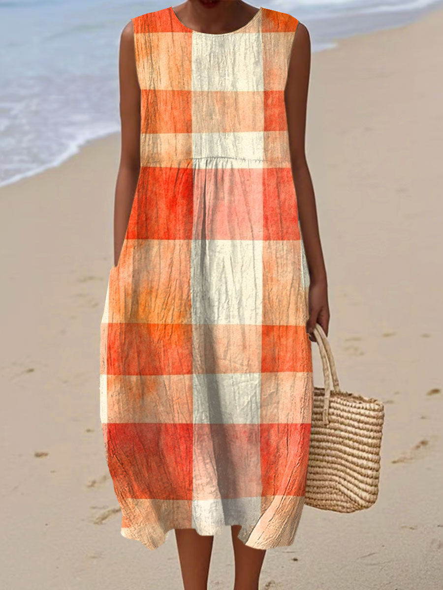 Helen - Vintage Abstract Geometric Art Print Sleeveless Cotton Pocket Wrap Dress