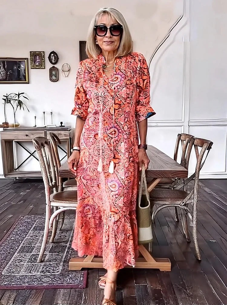 Amber - Boho Paisley Tassel Tie Dress