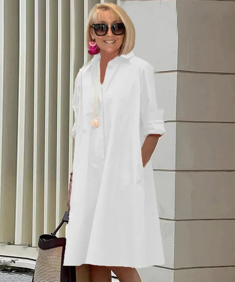 Vireya - Shirt Collar Pocket Midi Dress