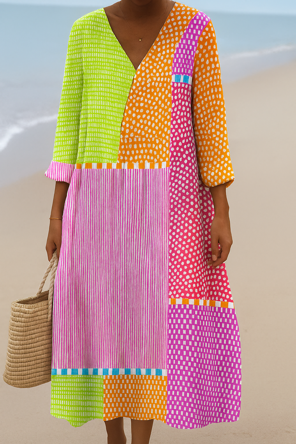 Zelie | Multicolored patchwork dress with polka dots and stripes