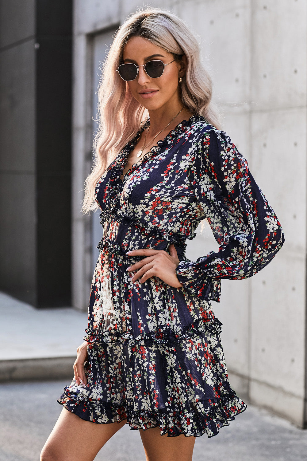 White Ruffle Detailing V-Neck Open Back Floral Dress