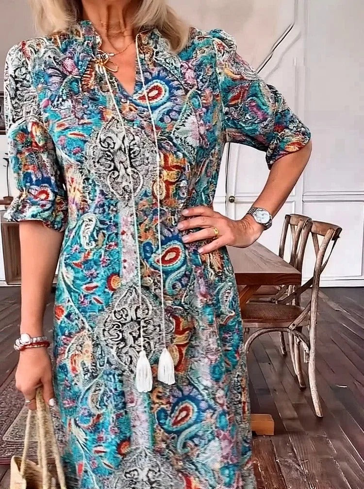 Amber - Boho Paisley Tassel Tie Dress
