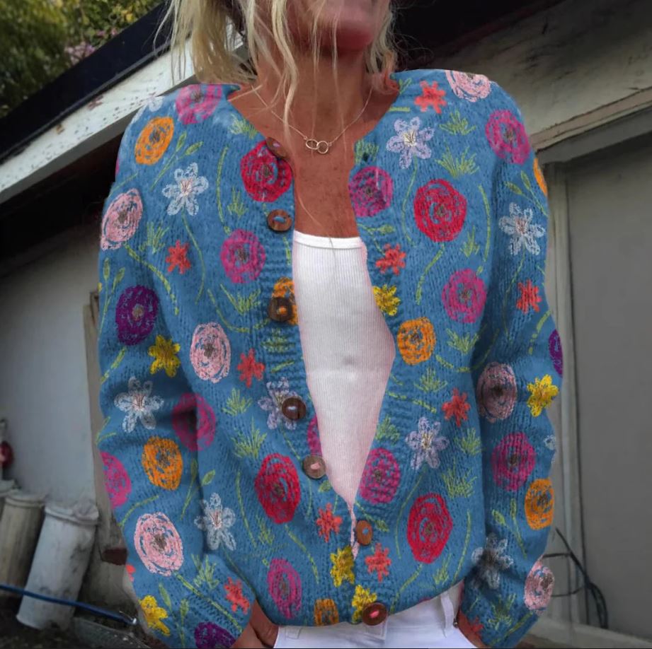Tilda | Blue Cardigan with Elegant Floral Print