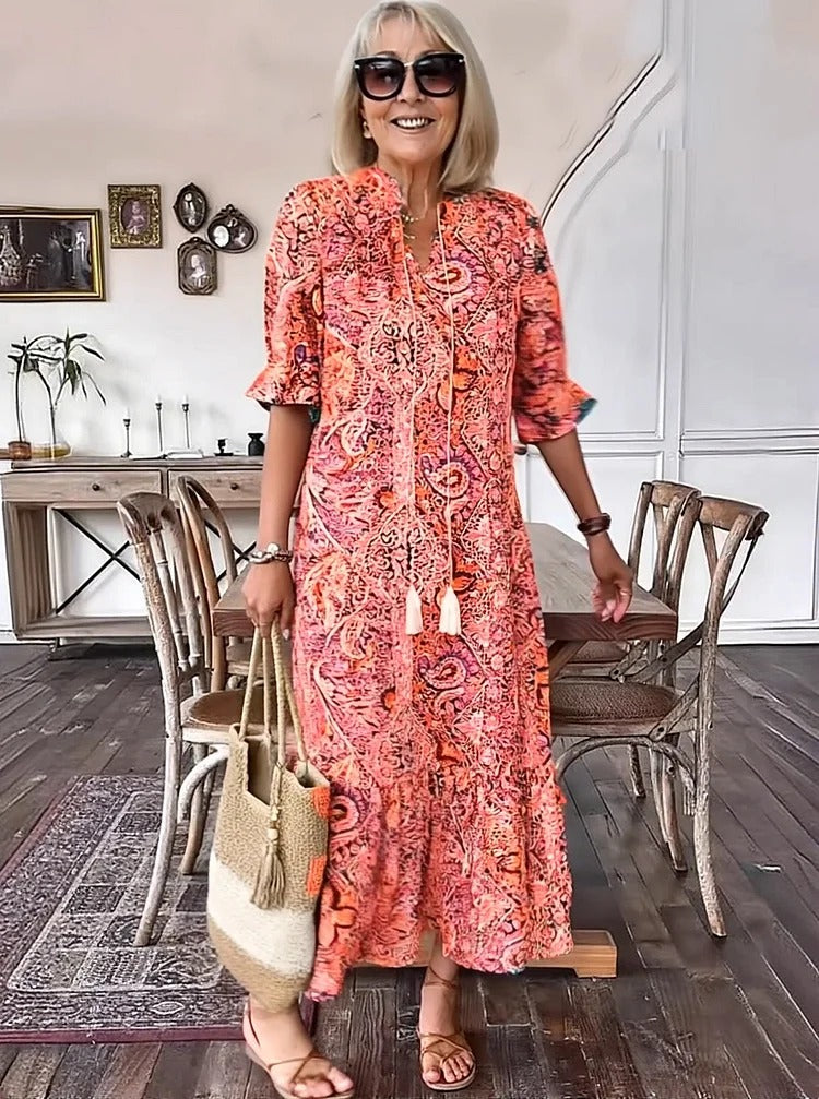 Amber - Boho Paisley Tassel Tie Dress