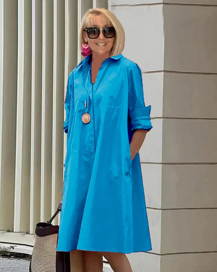 Vireya - Shirt Collar Pocket Midi Dress