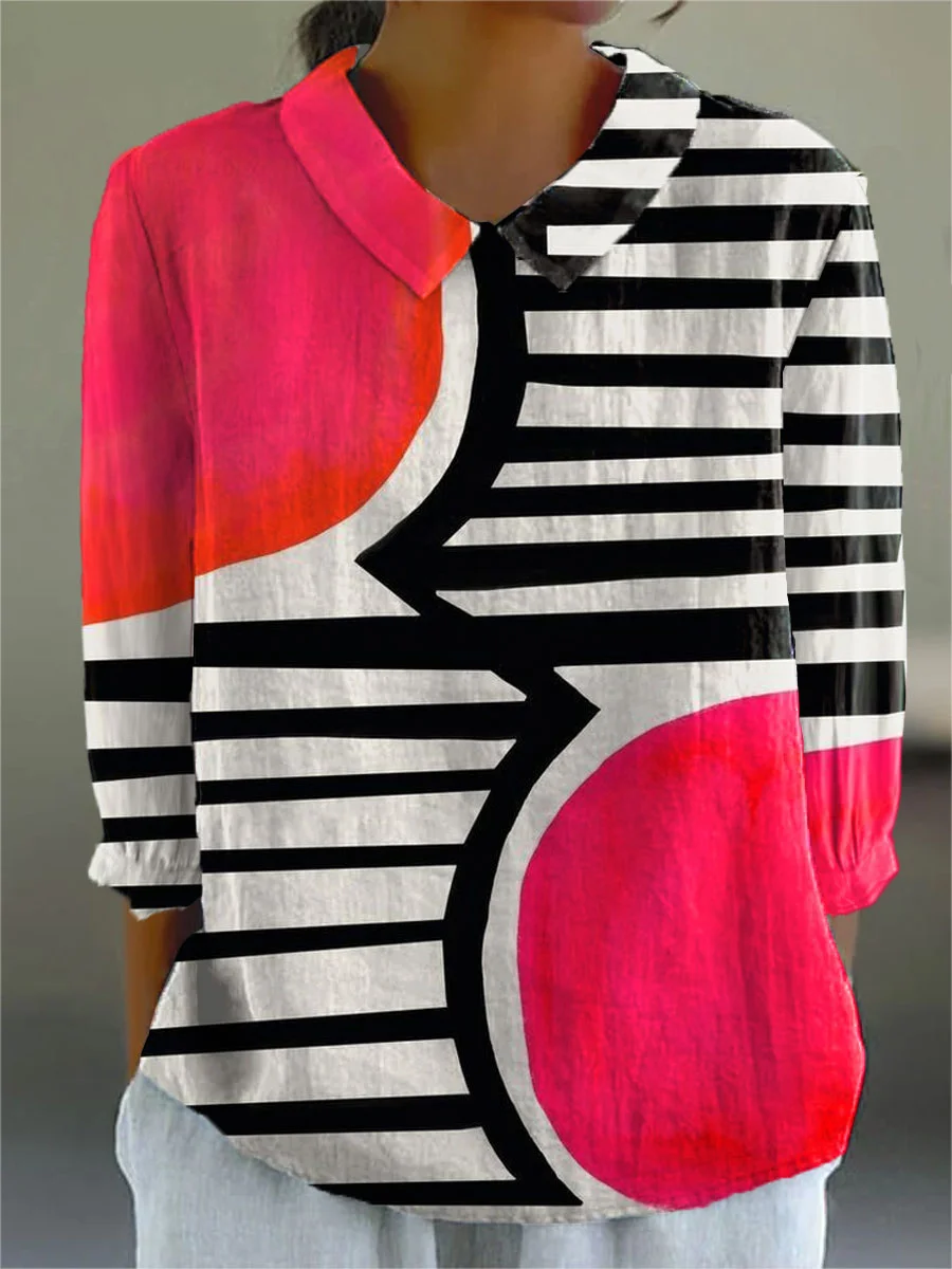 Sara - Women's Vintage Abstract Geometry Print Casual Cotton And Linen 3/4 Sleeve Shirt