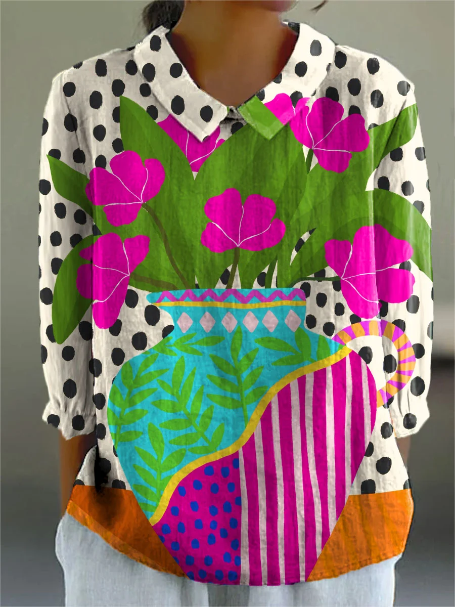 Larah - Women's Abstract Polka Dots Cute Flower Art Print Casual Cotton And Linen 3/4 Sleeve Shirt