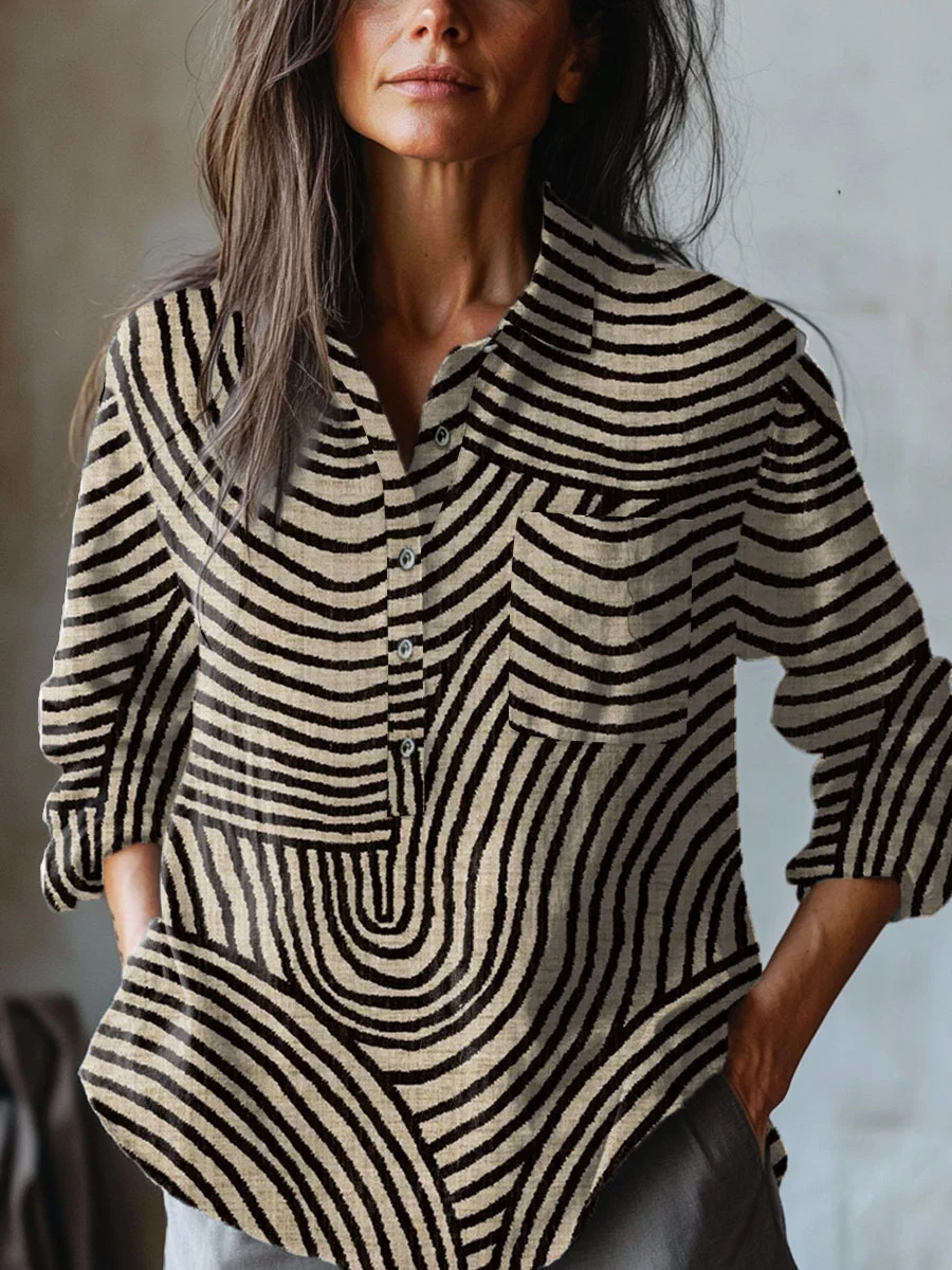 Jacky - Women's Retro Lines Print Casual Cotton And Linen Shirt