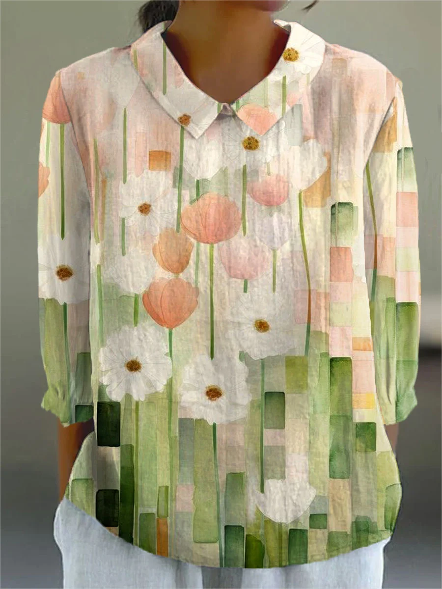 Issa - Women's Watercolor Flower Art Print Casual 3/4 Sleeve Shirt