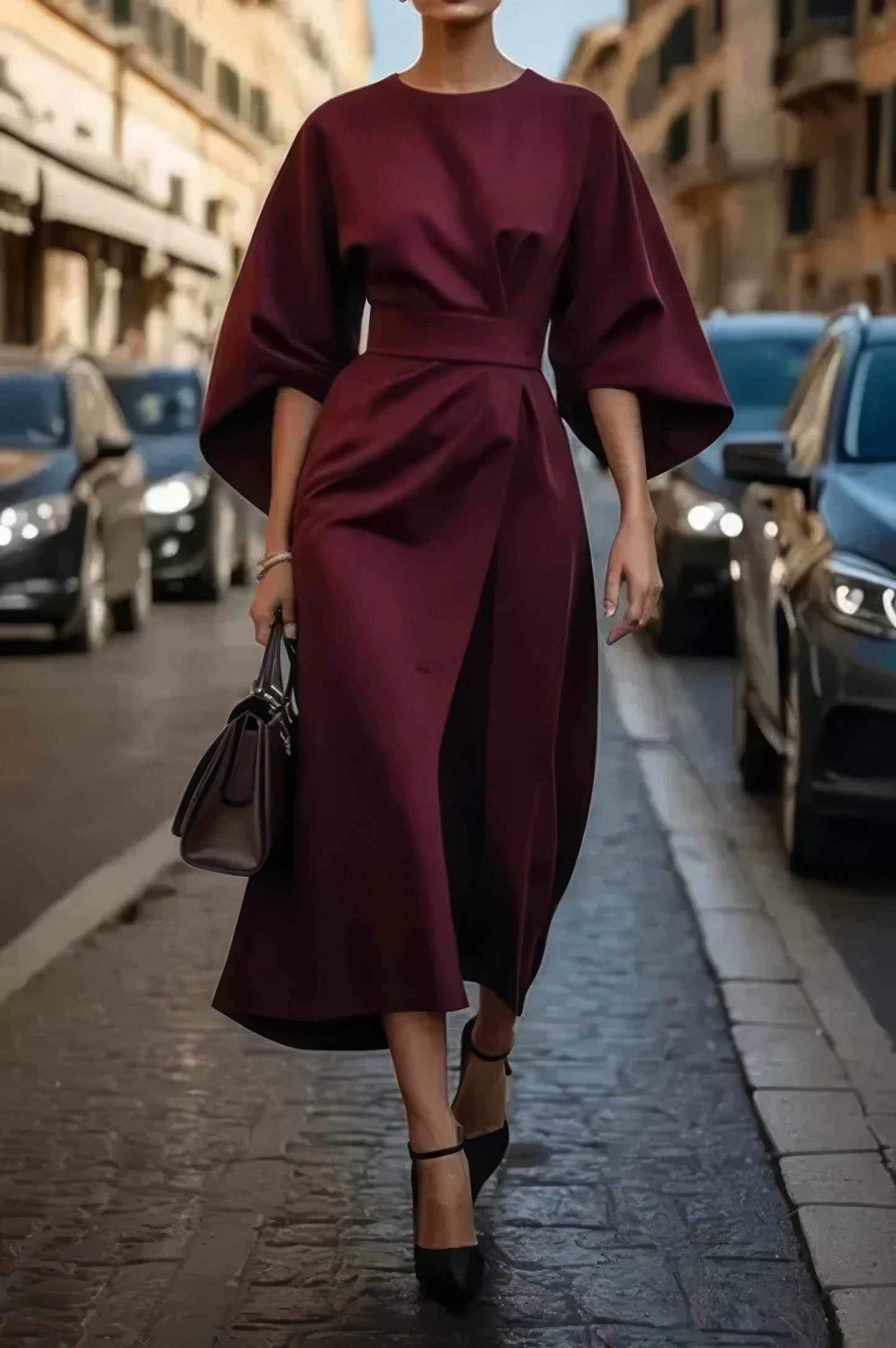 Margaret - Elegant Dress With Lantern Sleeves and Belt
