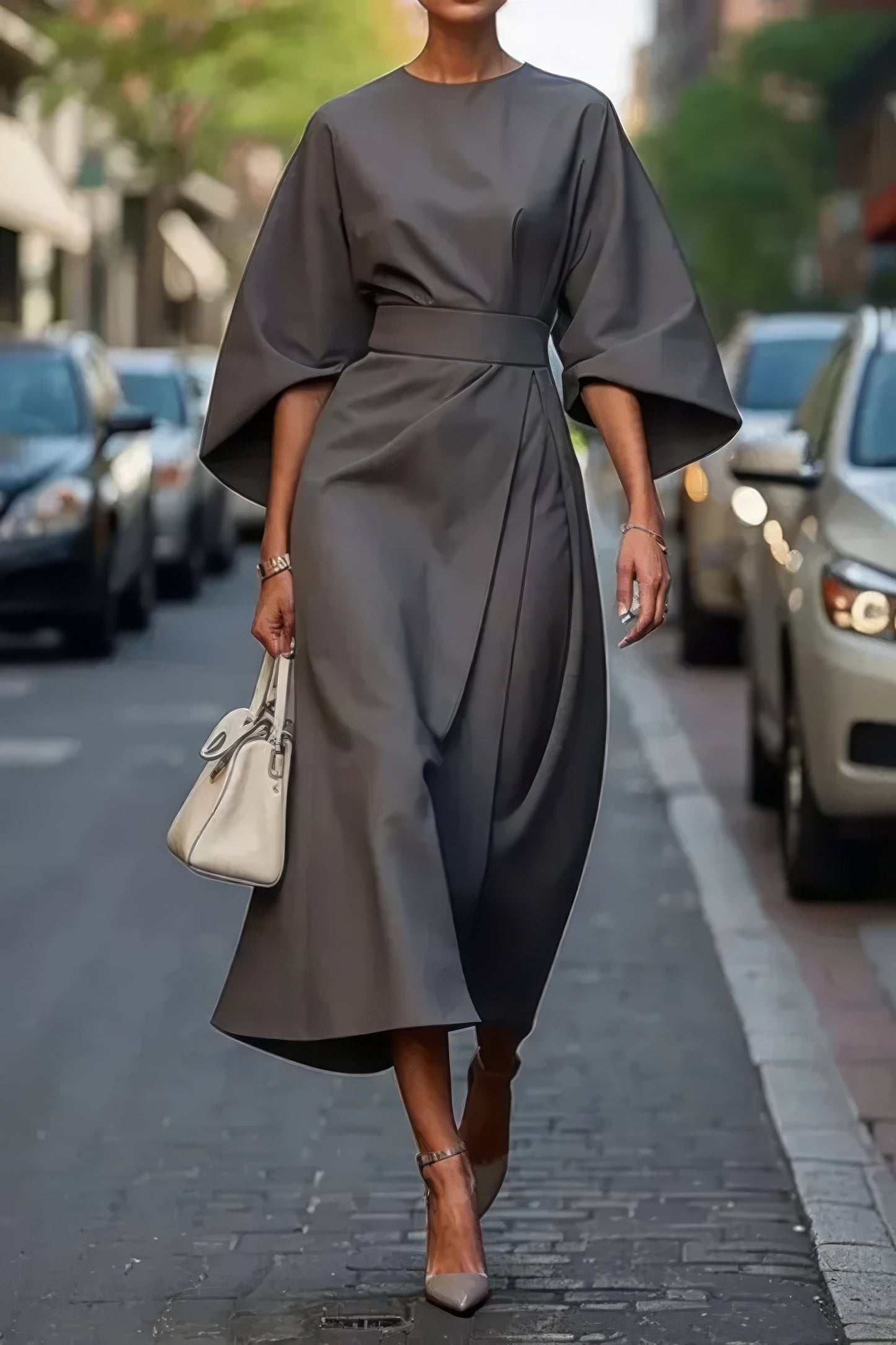 Margaret - Elegant Dress With Lantern Sleeves and Belt