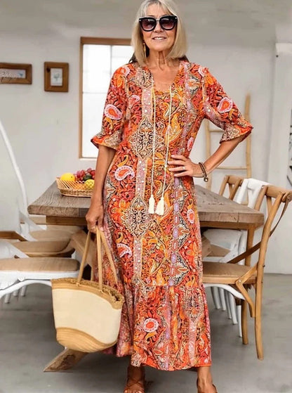Amber - Boho Paisley Tassel Tie Dress