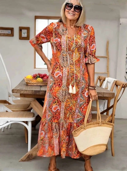 Amber - Boho Paisley Tassel Tie Dress