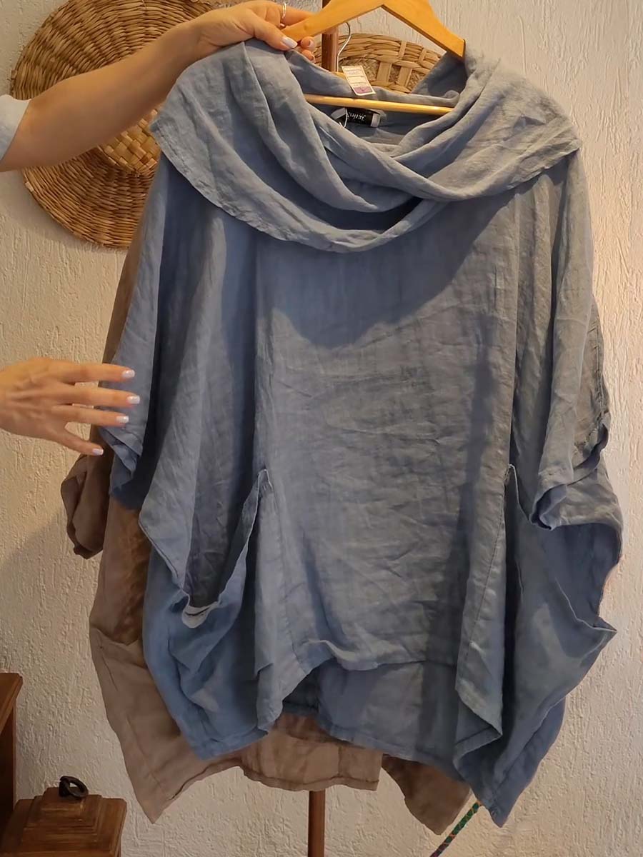 Pia - Solid Color Draped Neck 3/4 Sleeve Comfortable Casual Linen Pocket Top