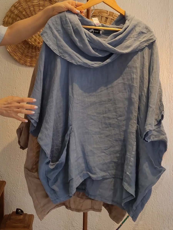 Pia - Solid Color Draped Neck 3/4 Sleeve Comfortable Casual Linen Pocket Top