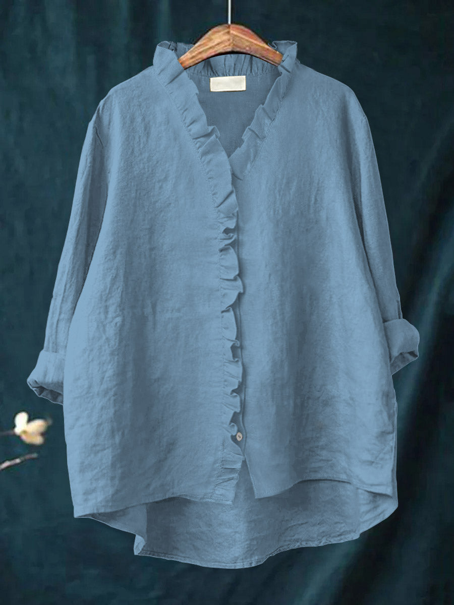 Ecka - Casual Cotton And Linen Ruffle Shirt