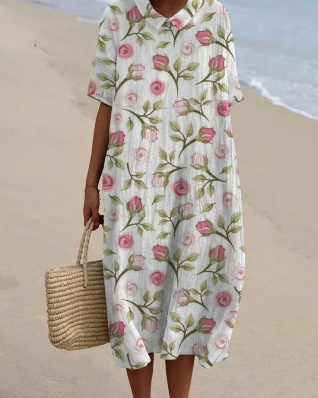 Bhea - Rose Flower Print Casual Cotton And Linen Shirt and Dress