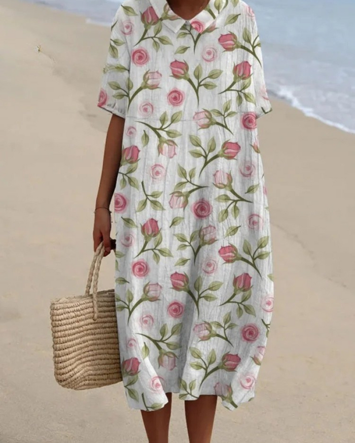 Bhea - Rose Flower Print Casual Cotton And Linen Shirt and Dress