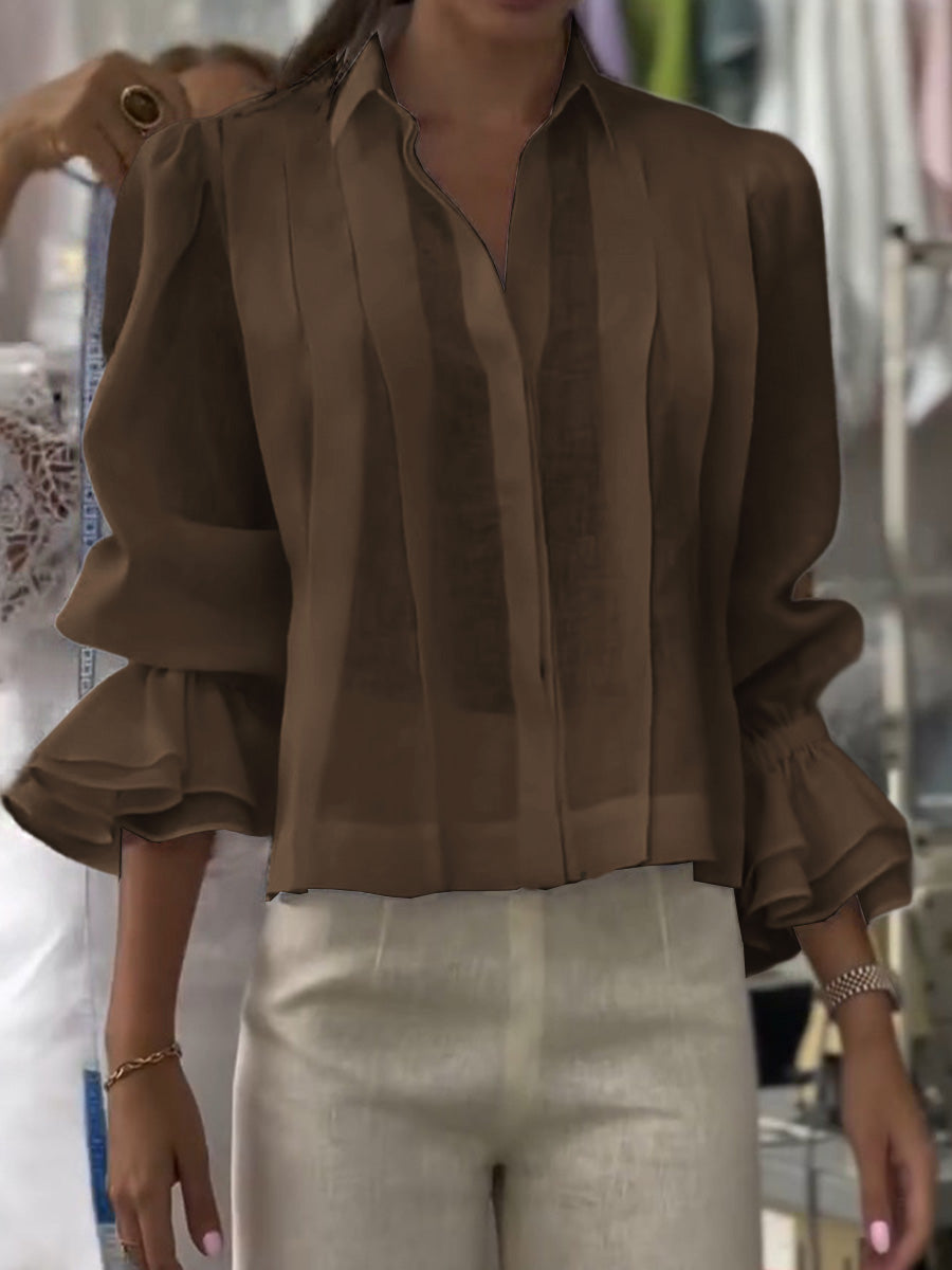 Gina - Solid Color Lapel Long Sleeve Casual Loose Linen Cardigan Top