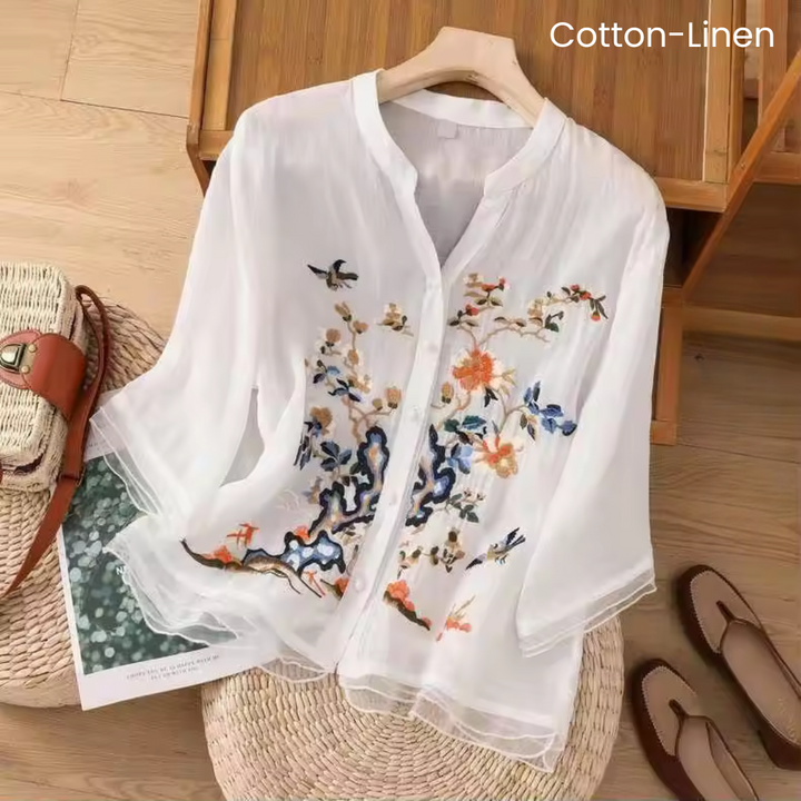 Lila - cotton-linen top with floral design