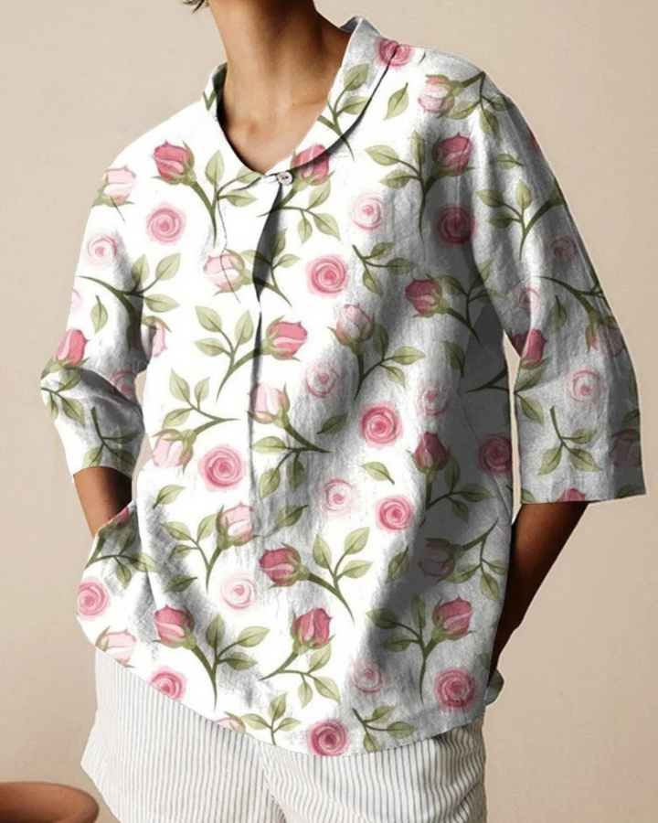Bhea - Rose Flower Print Casual Cotton And Linen Shirt and Dress