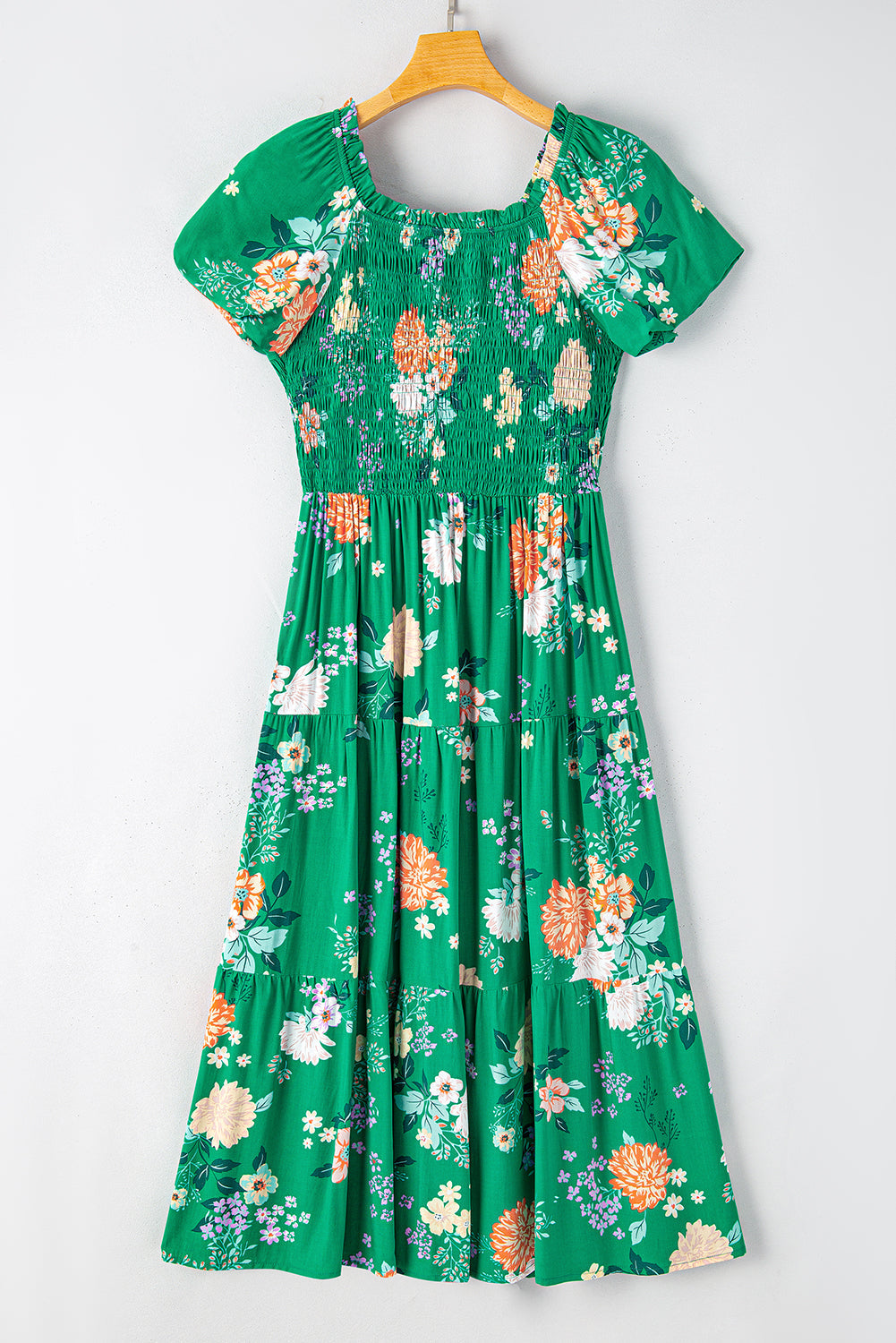 Floral Print Smocked Tiered Midi Dresses