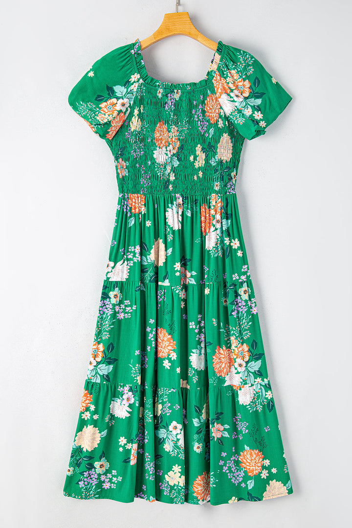 Floral Print Smocked Tiered Midi Dresses