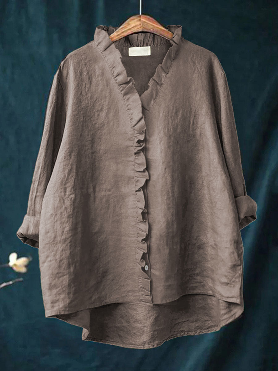 Ecka - Casual Cotton And Linen Ruffle Shirt
