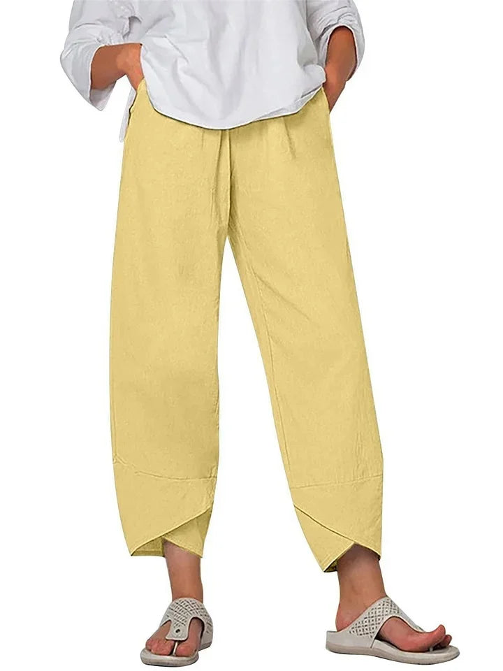 Niana - Solid Color Loose Elegant Casual Simple Cotton And Linen Ninth Pants