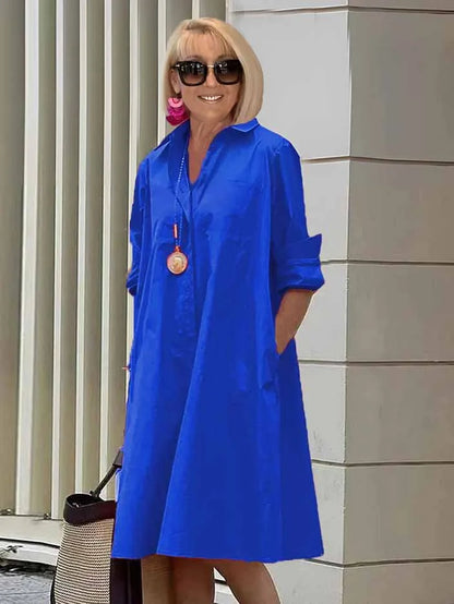 Vireya - Shirt Collar Pocket Midi Dress