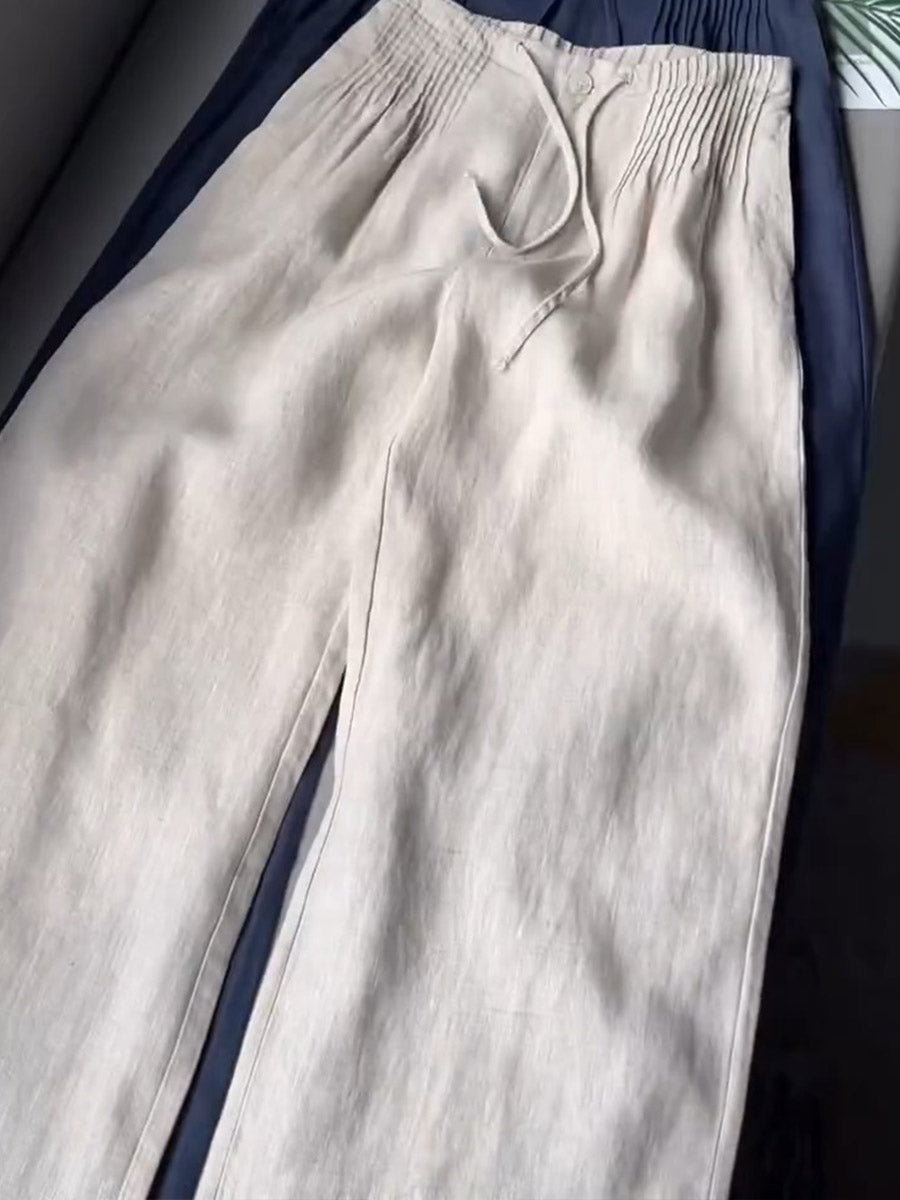 Seina - olid Color Pleated Drawstring Casual Cotton and Linen Wide Leg Pants