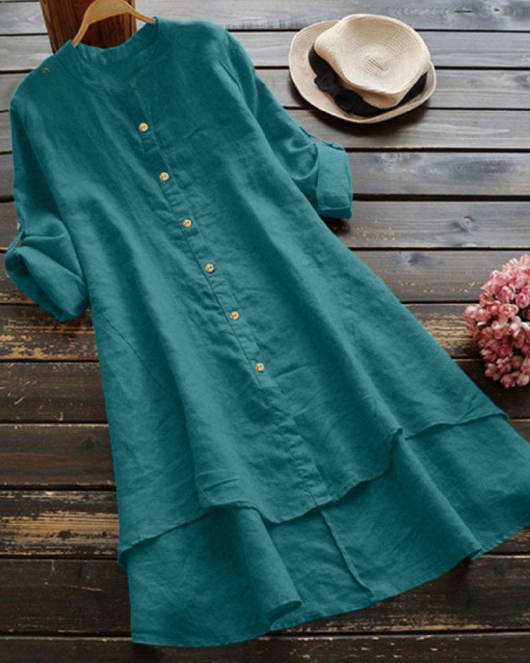 Zahara -Solid Color Loose Elegant Casual Cotton And Linen Shirt Dress