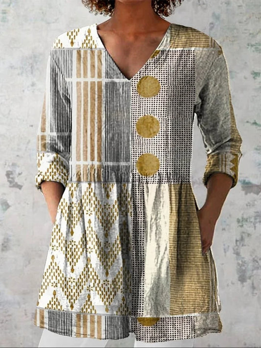 Xena - Vintage Abstract Geometry Art Print Casual Cotton And Linen Top and Dress