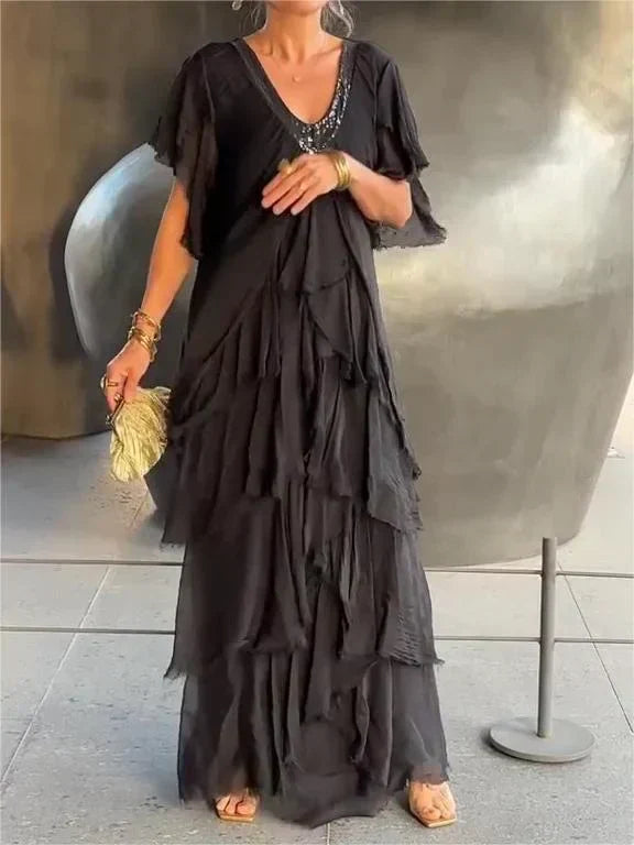 Blaise - Ruffled Sleeves V-Neck Maxi Dress