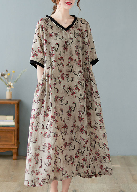 Boutique V Neck Print Linen Dresses Short Sleeve