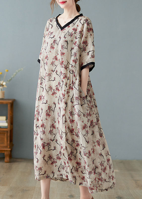 Boutique V Neck Print Linen Dresses Short Sleeve