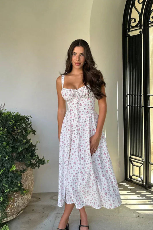 Savannah - Floral Print Corset Midi Dress