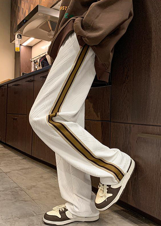 French White Striped Drawstring Cotton Mens Pants