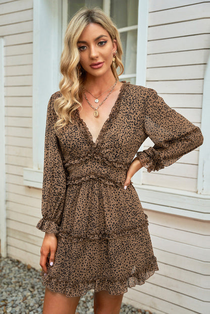 White Ruffle Detailing V-Neck Open Back Floral Dress